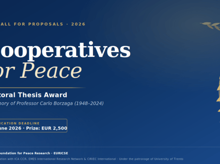 Banner for the Carlo Borzaga Doctoral Thesis Award 2026, promoted by the Venice Foundation for Peace Research and EURICSE, in collaboration with ICA CCR, EMES and CIRIEC, on the role of cooperatives in supporting pathways to peace.